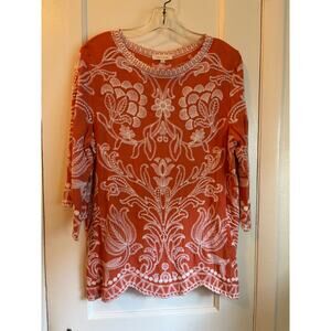 Solitaire Coral Tunic Top w/ White Embroidery (Read description: Sz issue)